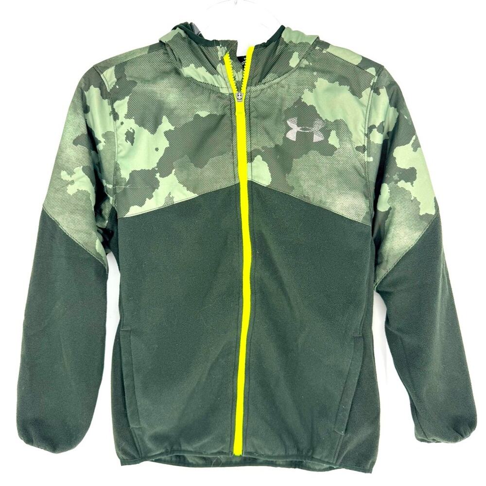 Under Armour Green Camo‎ Nylon and Fleece Jacket Bright Neon Zipper Size YL